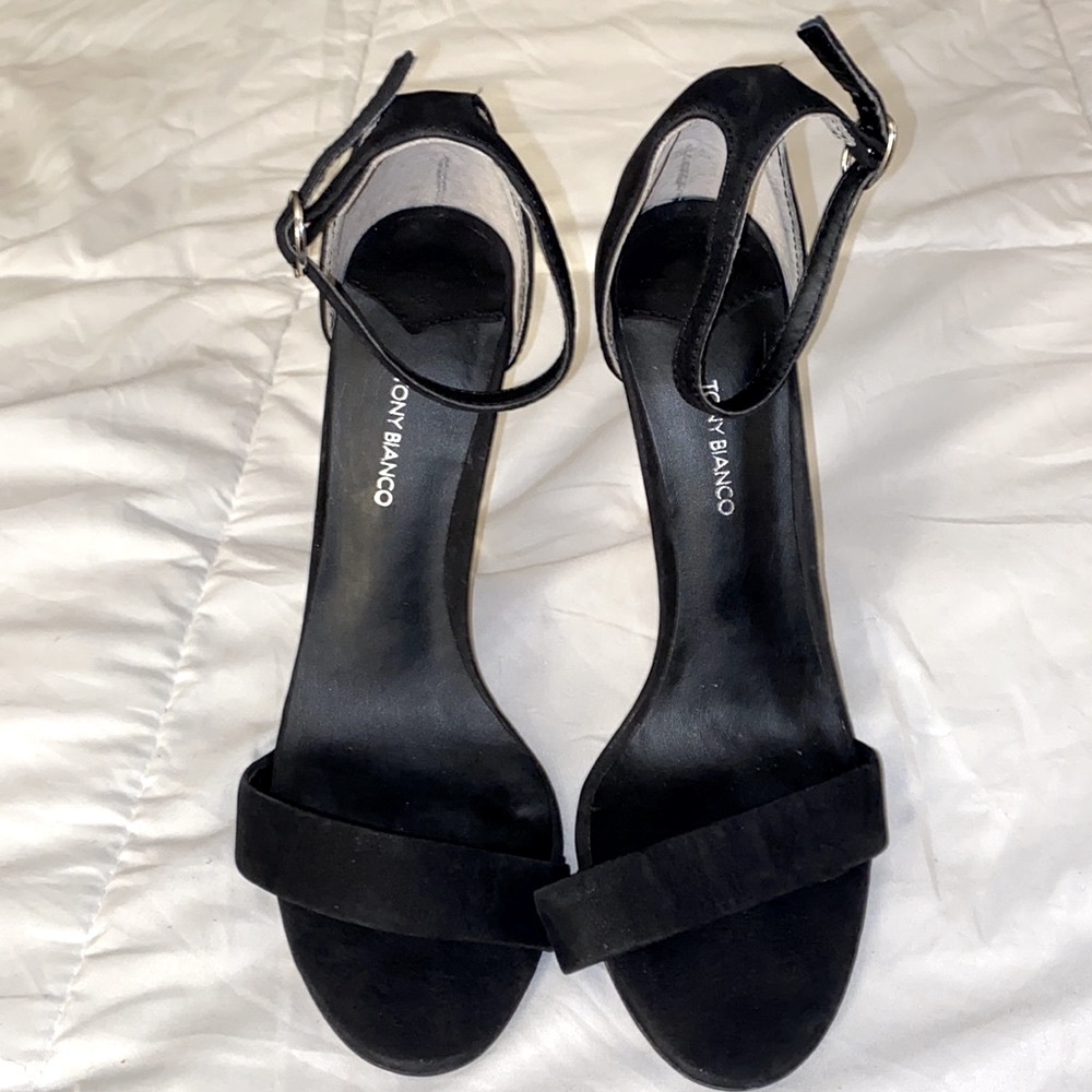 Tony Bianco Black Strap Heels with clear acrylic heel, Size 7
